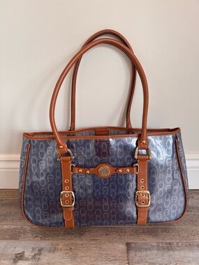Etienne Aigner Navy Logo Tote with Brown Trim